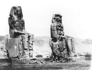 Hammerschmidt, W., The Theban west bank, the Memnon Colossi (1857-9
[The dates of Hammerschmidt's visits to Egypt.]) (Enlarged image size=35Kb)