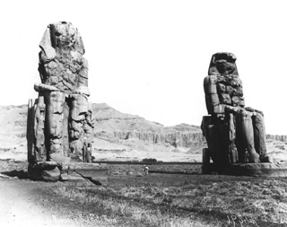 Sebah, J. P., The Theban west bank, the Memnon Colossi (c.1895
[Estimated date.]) (Enlarged image size=34Kb)